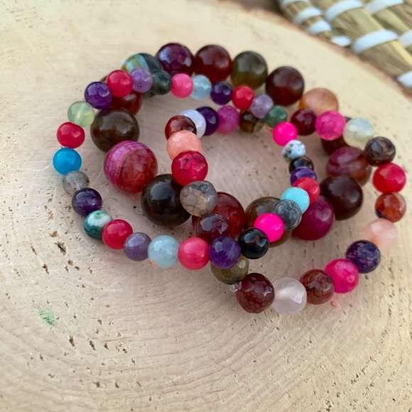 Natural Multi-Color Dyed Faceted Round Agate Gemstone Mixed Bead Bracelet Stack - Picture 13 of 13